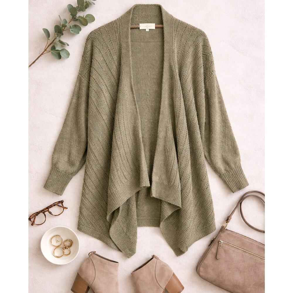 Lou & Grey Olive Green Knit Small Open Front Boho Cardigan